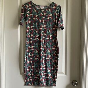 2for$20 LuLaRoe Julia Dress Colorful Geometric - muted Red, teal, Cream pattern